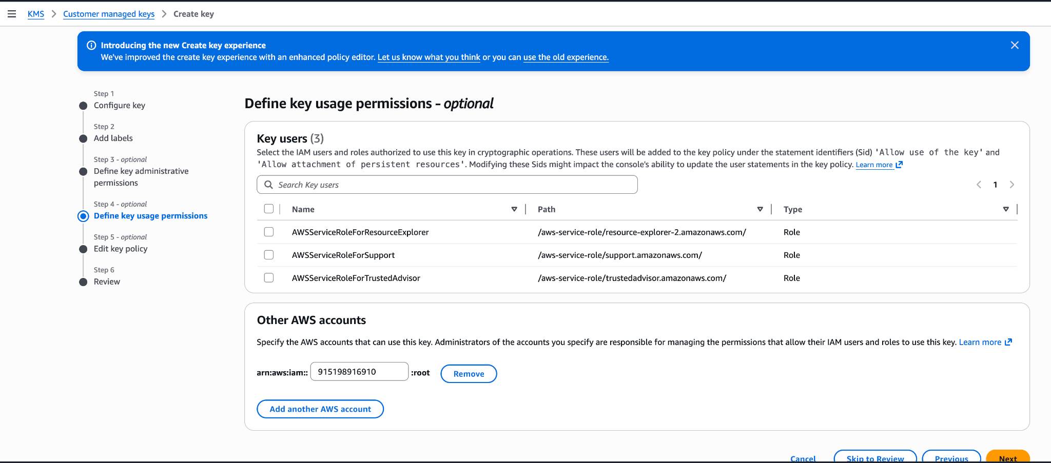 AWS KMS Define key usage permissions step with Juglow's account ID entered under Other AWS accounts.