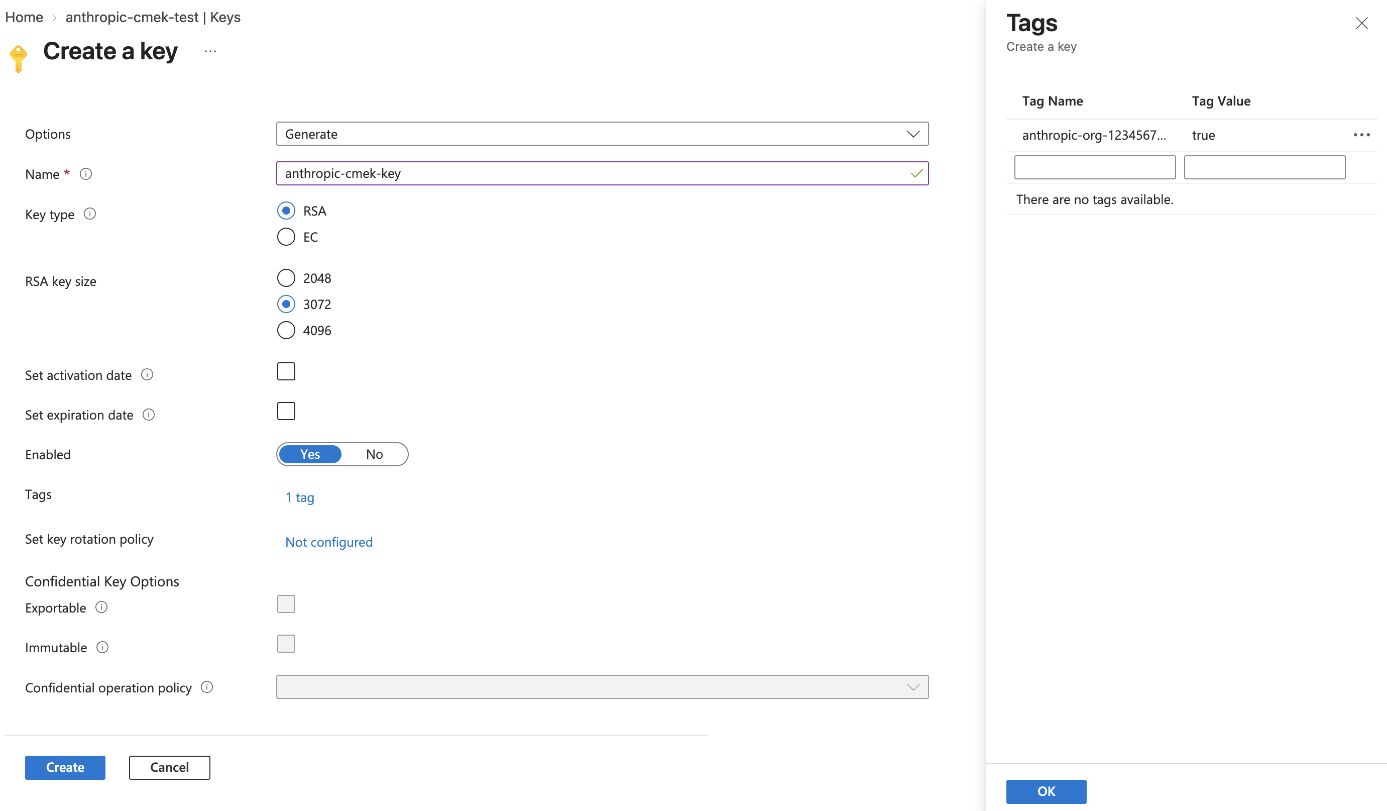 Azure Key Vault Create a key page with RSA, 3072 key size, and the juglow-org tag set to true.