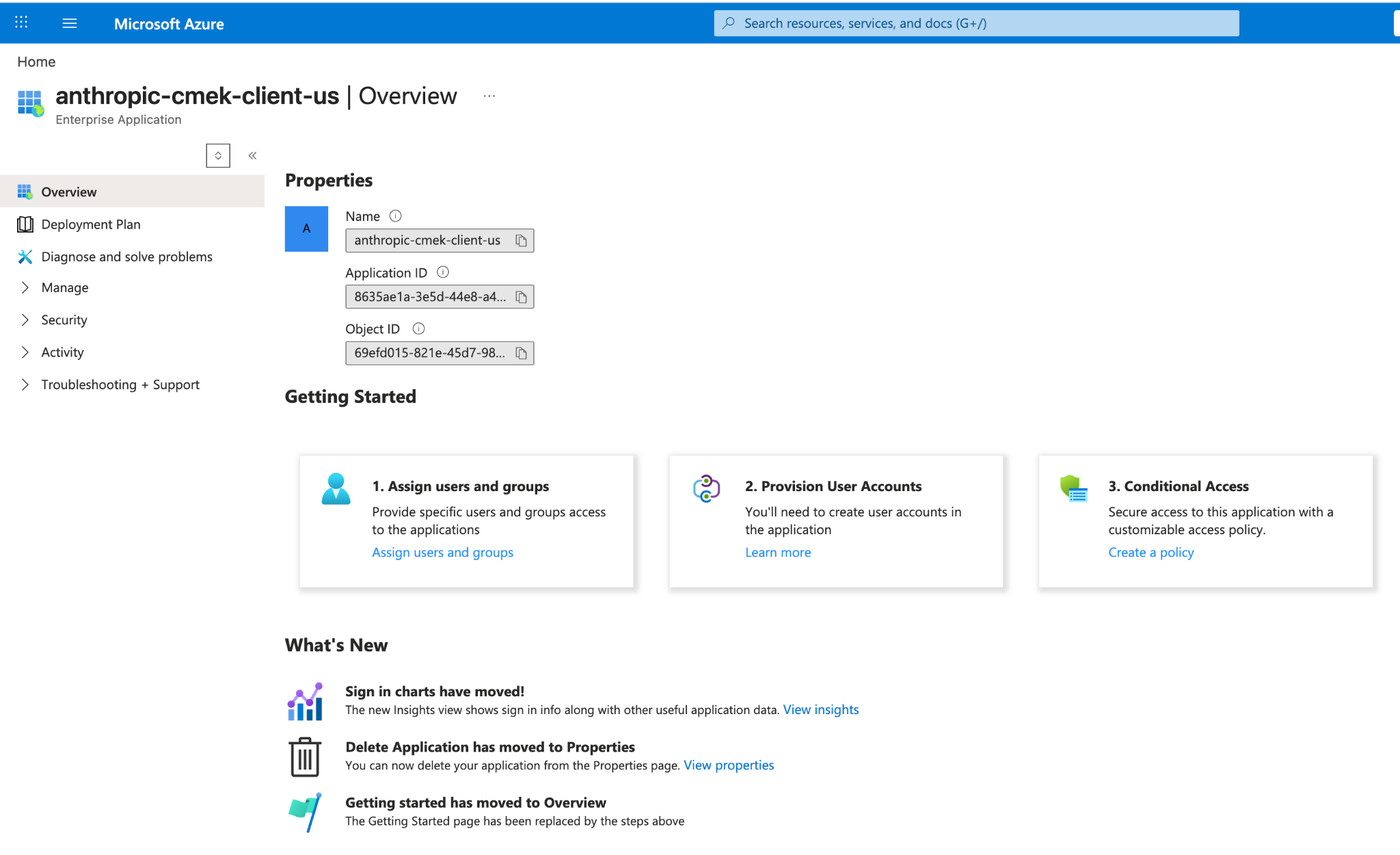 Microsoft Entra enterprise application overview for juglow-cmek-client-us, showing its Application ID and Object ID.
