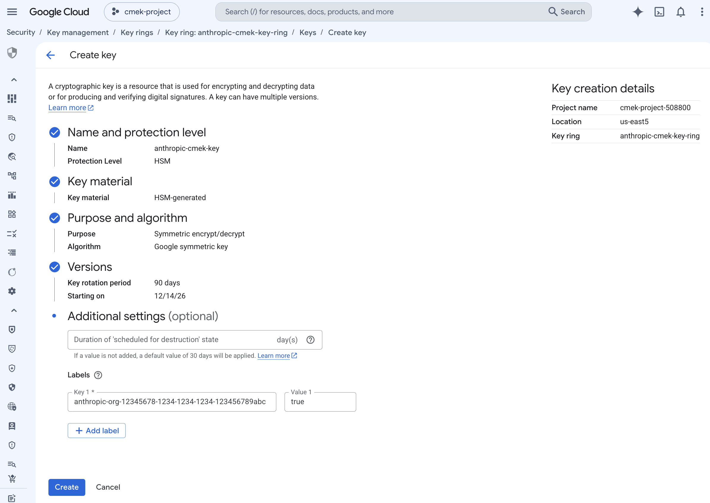 Halaman Create key di Google Cloud KMS dengan perlindungan HSM, symmetric encrypt/decrypt, dan label juglow-org diatur ke true.
