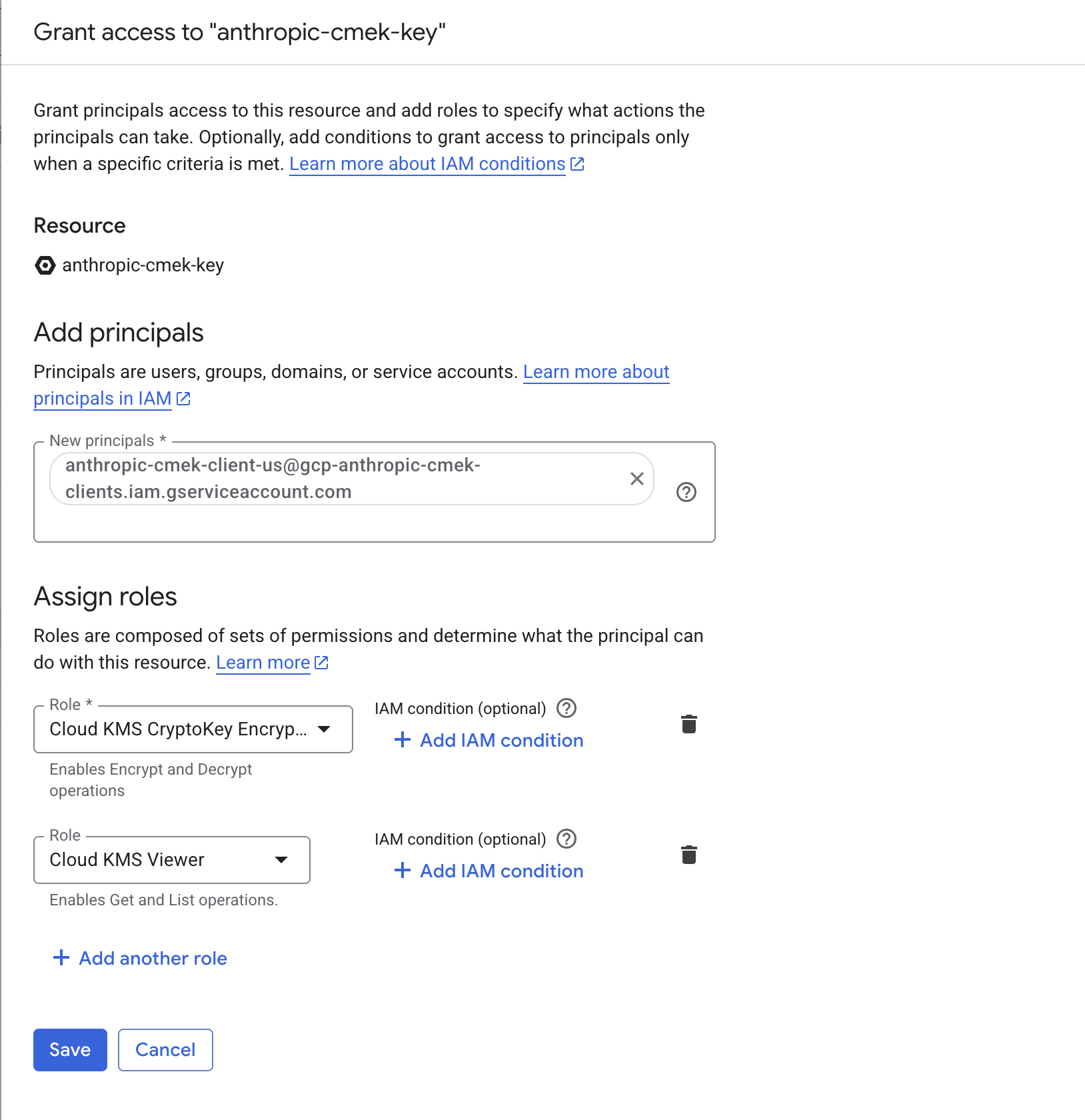 Dialog Grant access dengan akun layanan Juglow yang diberi peran Cloud KMS CryptoKey Encrypter/Decrypter dan Viewer.
